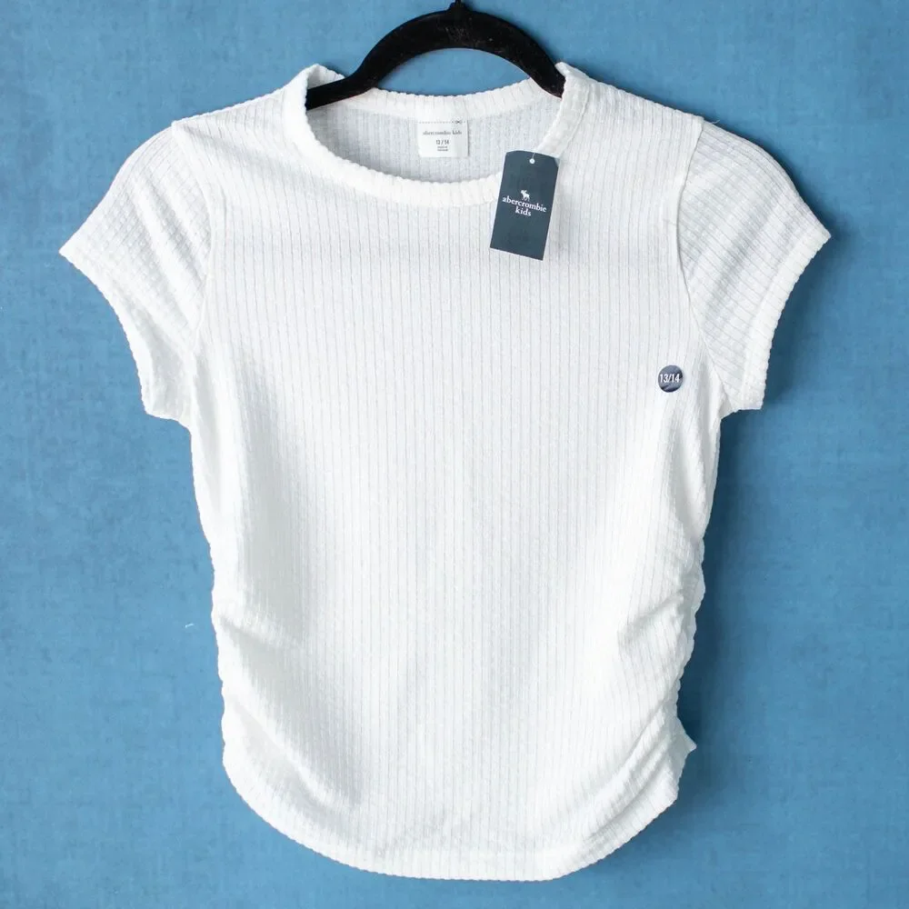 NEW Abercrombie Kids Girls 13/14 White Ribbed Ruched Side Short Sleeve Top